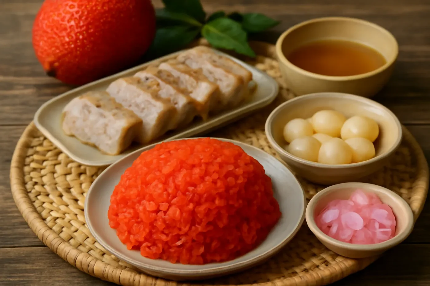 Xôi gấc, giò thủ và thịt đông trong mâm cỗ Tết