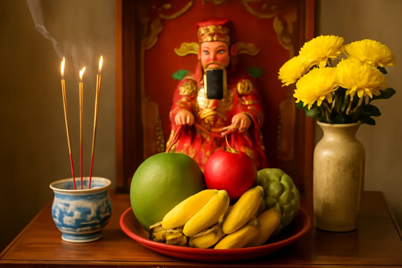 Mâm cúng Thần Tài Thổ Công với hoa quả và nhang đèn