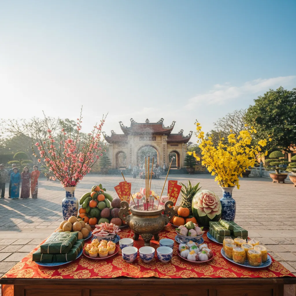 Mâm cúng trời đất đặt ngoài sân ngày đầu năm