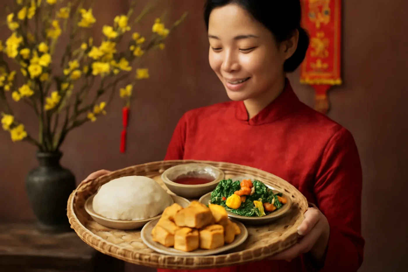 Mâm cúng chay đầu năm với xôi, đậu hũ và rau củ