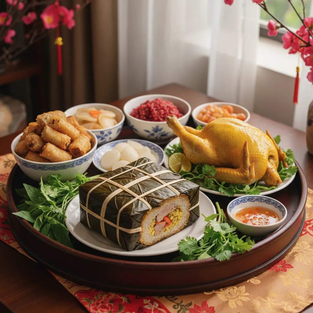 Mâm cúng mặn miền Bắc với bánh chưng và gà luộc