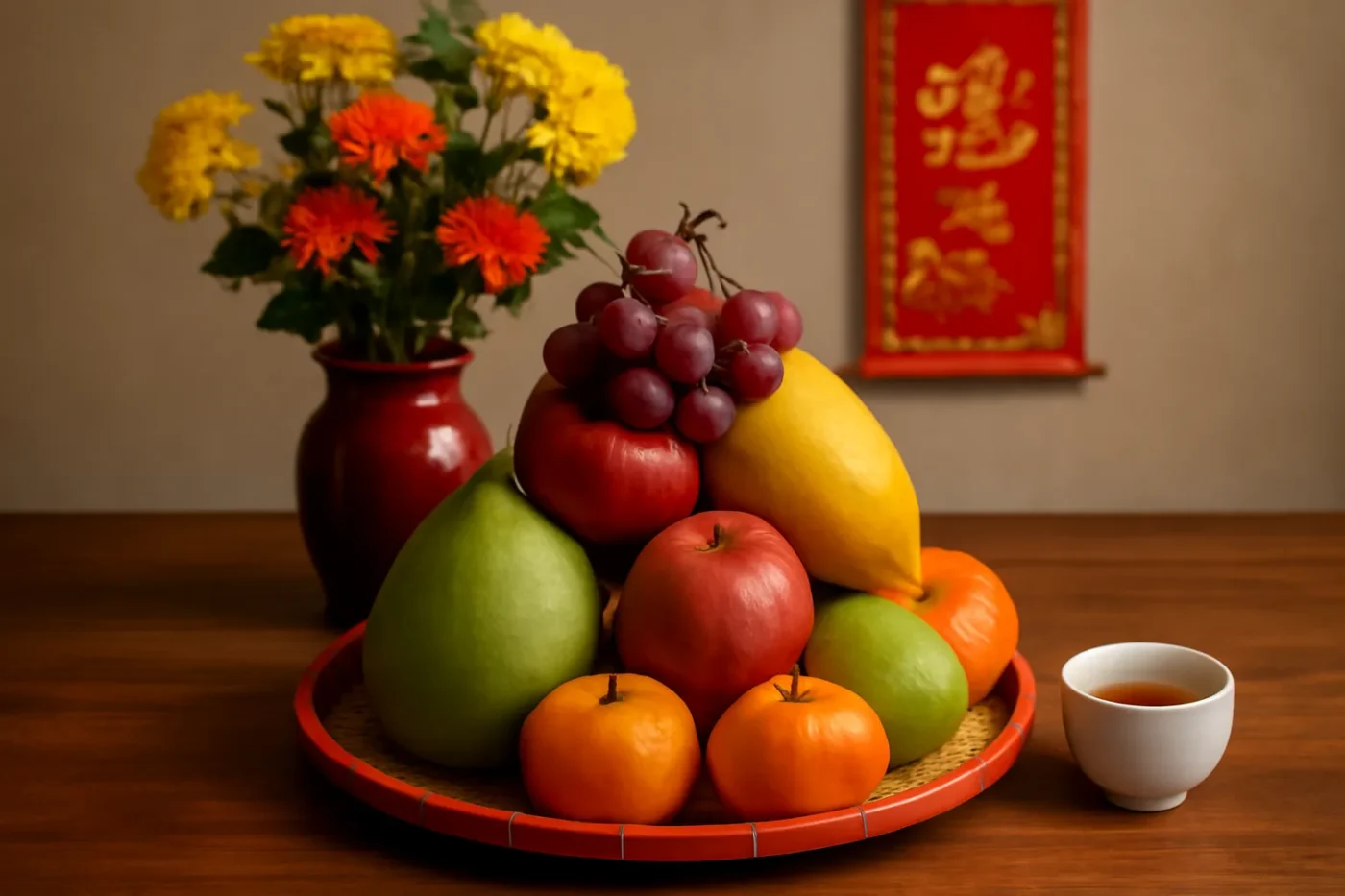 Mâm ngũ quả đầu năm bày trên bàn thờ