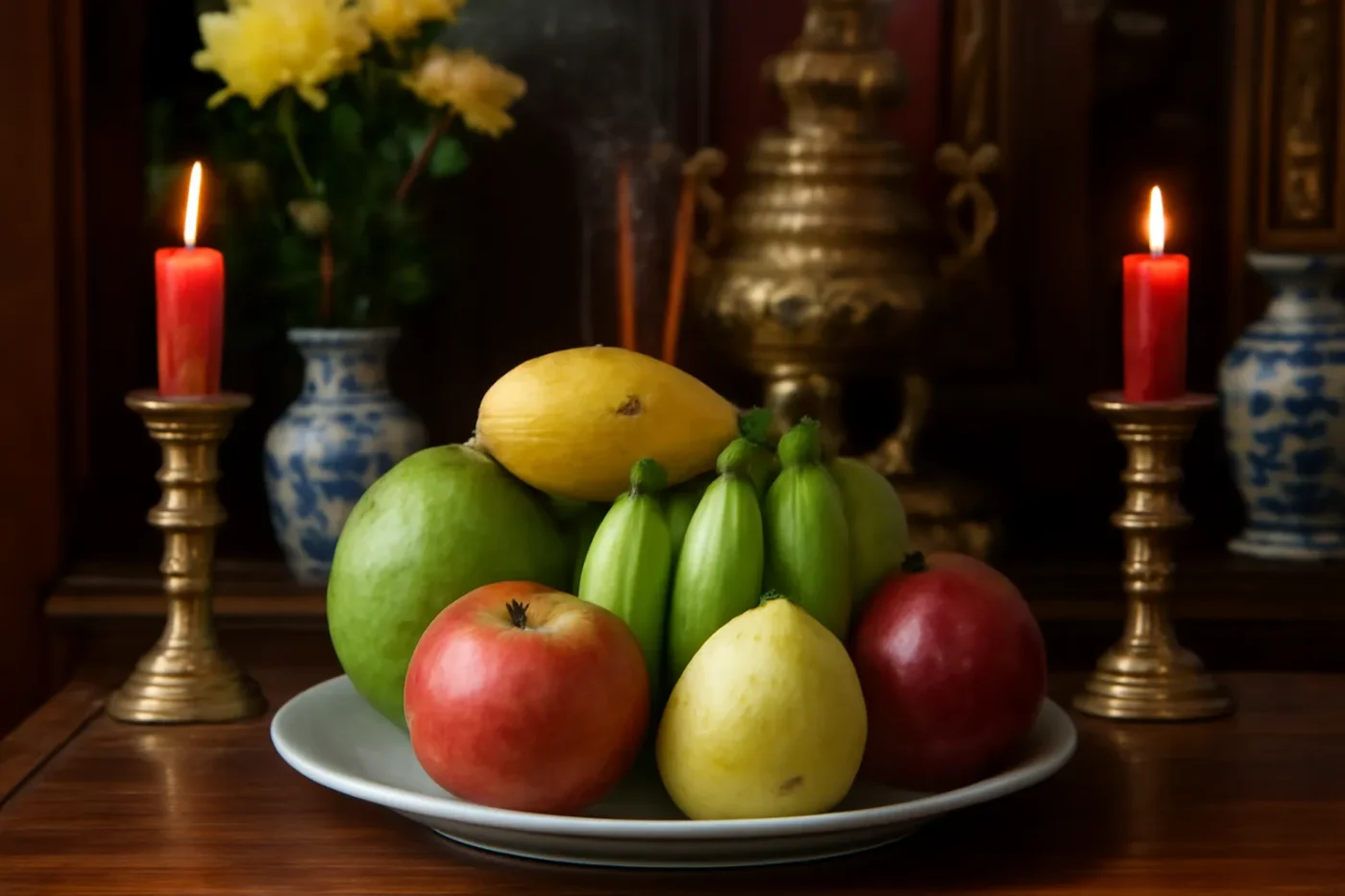 Mâm cúng khai trương với trái cây tươi truyền thống