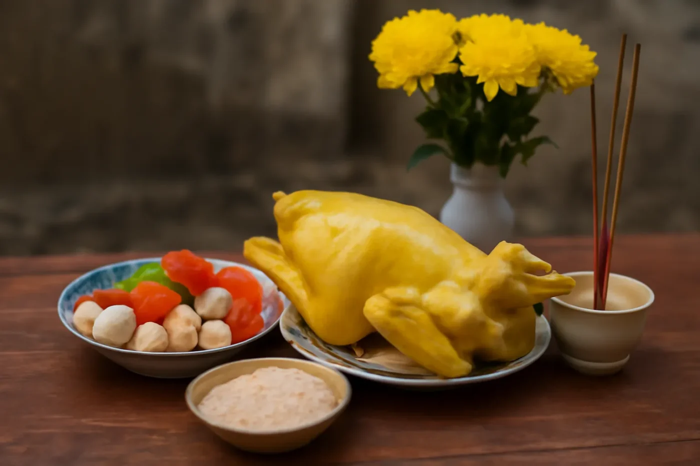 Mâm cúng khai trương với gà luộc và bánh kẹo