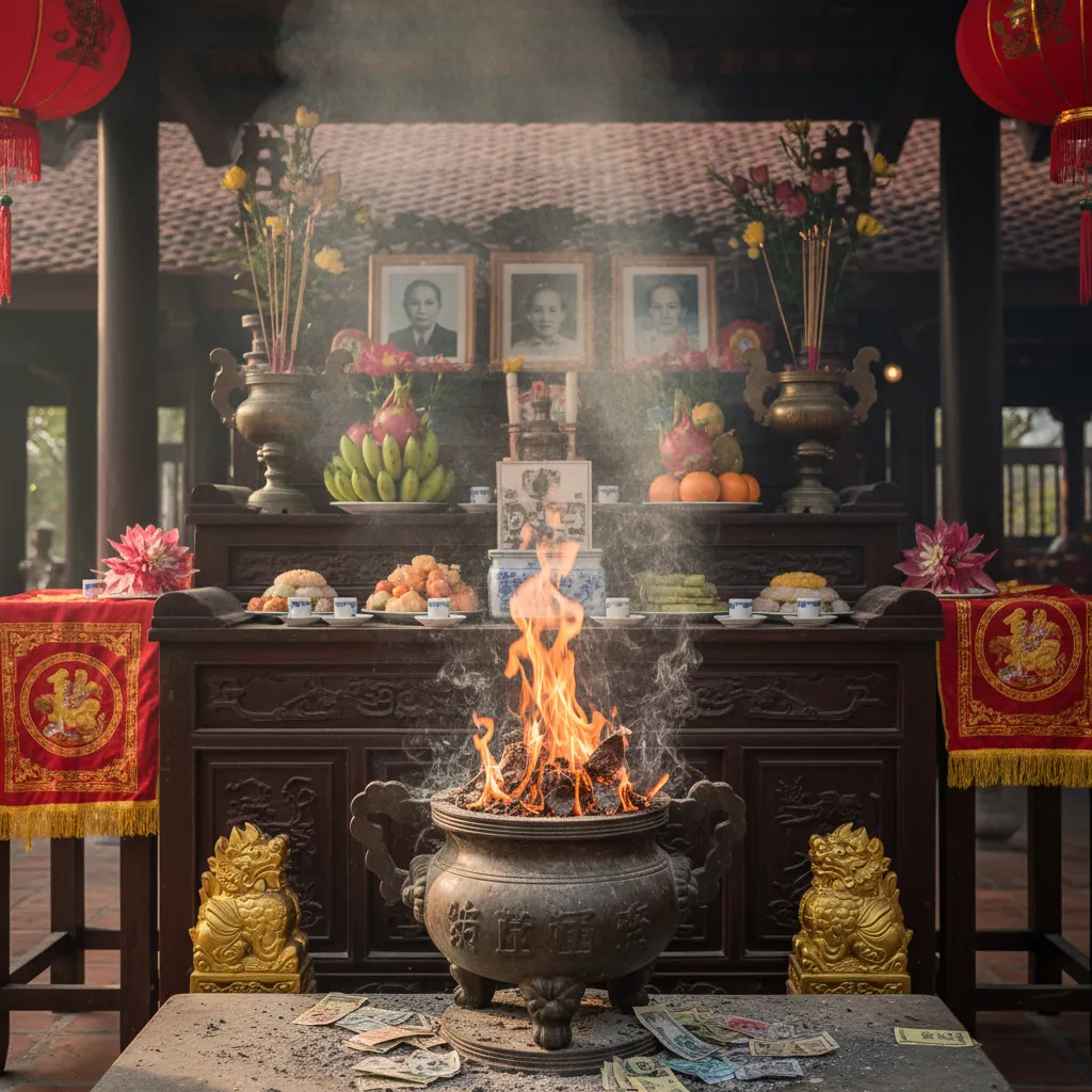 Mâm cúng khai trương với vàng mã và tiền lễ