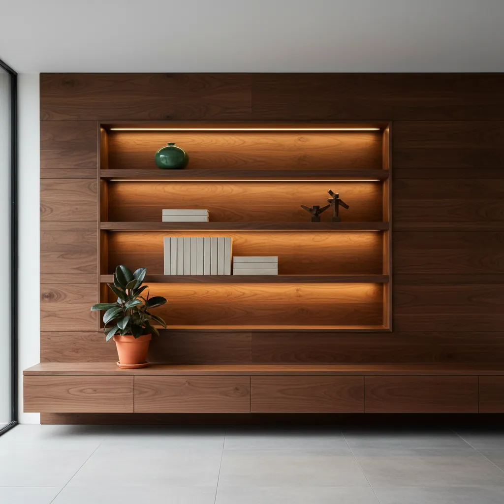 Ốp tường gỗ có kệ âm tường trang trí