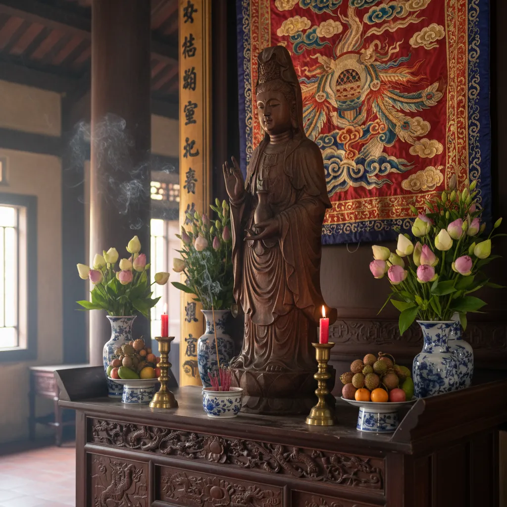 Tượng Quan Âm Bồ Tát bằng gỗ đặt trên bàn thờ