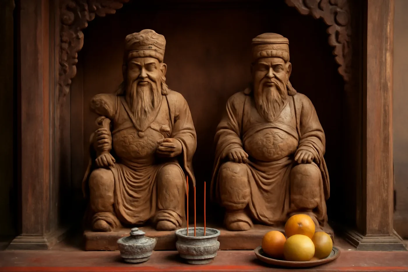 Tượng Thần Tài Thổ Địa bằng gỗ trên bàn thờ nhỏ